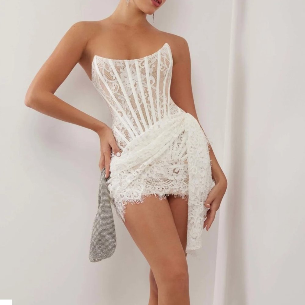 Heiress WHITE LACE CORSET DRAPED MINI DRESS Sale price